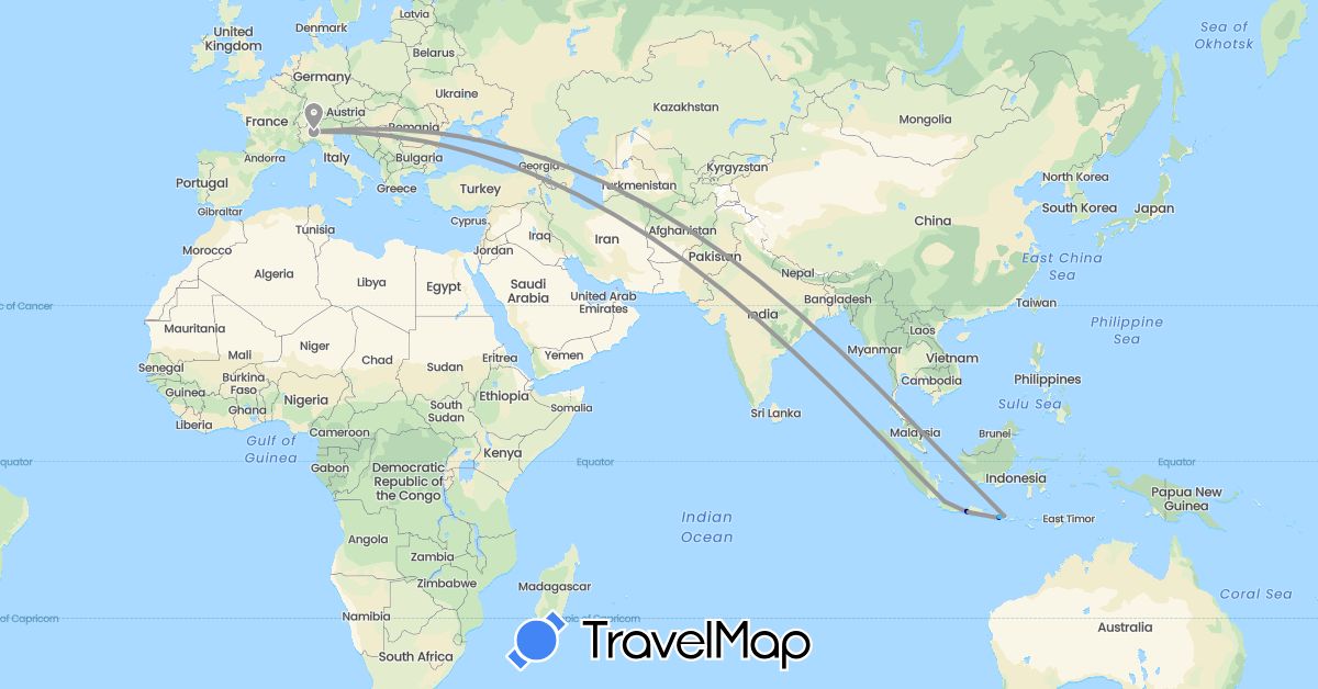 TravelMap itinerary: driving, plane, hiking, boat in Indonesia, Italy (Asia, Europe)